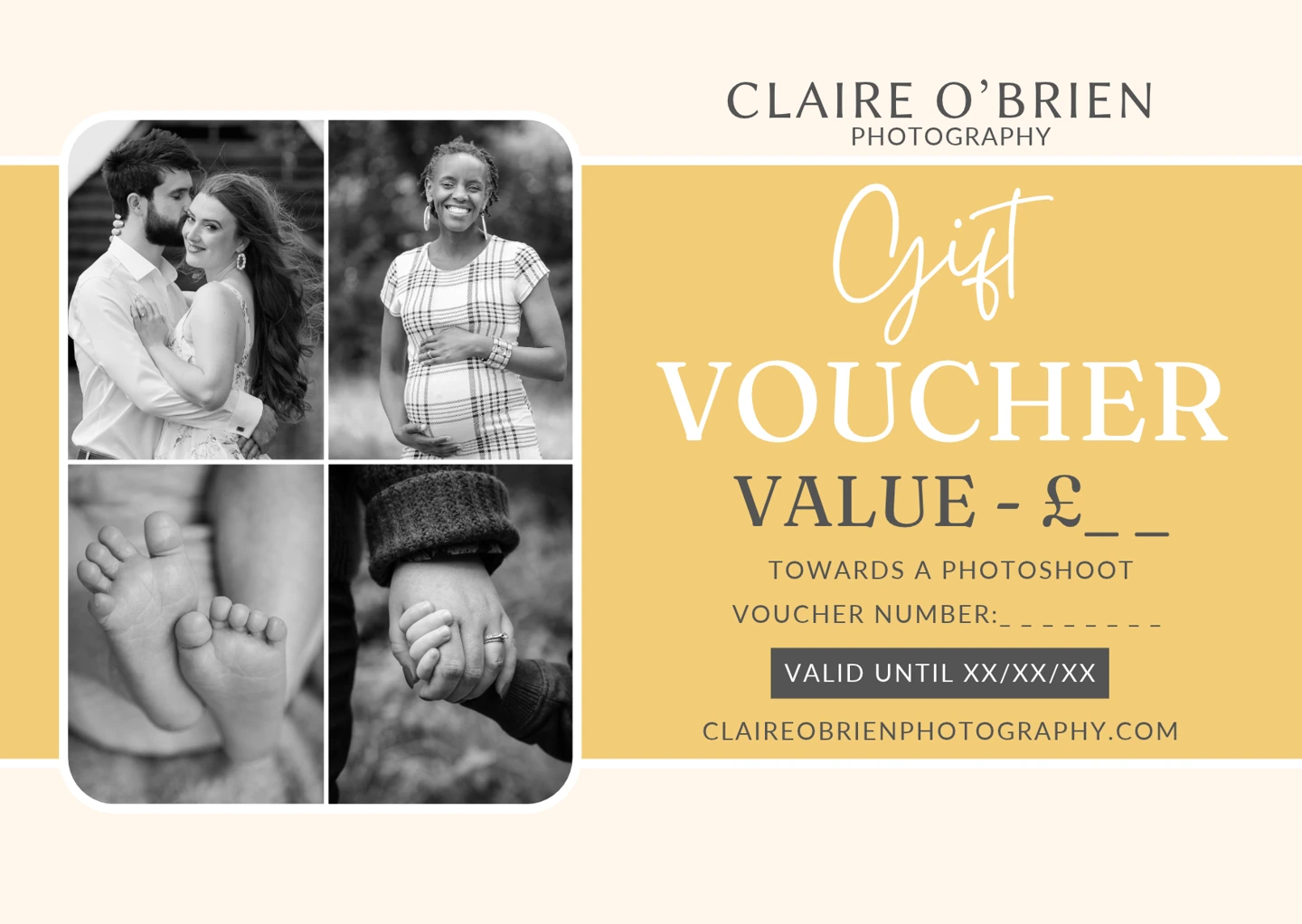Example Claire O’Brien Photography gift voucher showing wedding, maternity, newborn and family photographs