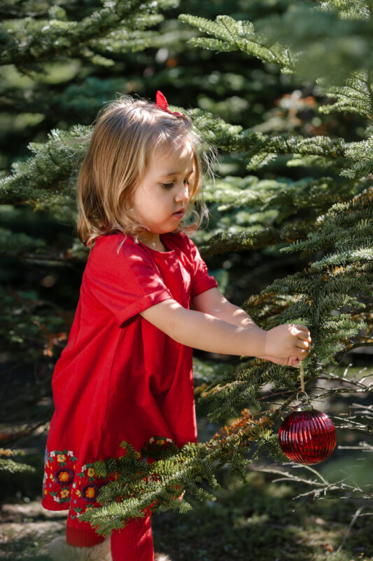 Little girl hanging a bauble on a Christmas tree during an outdoor mini-shoot in Northamptonshire, surrounded by festive trees.